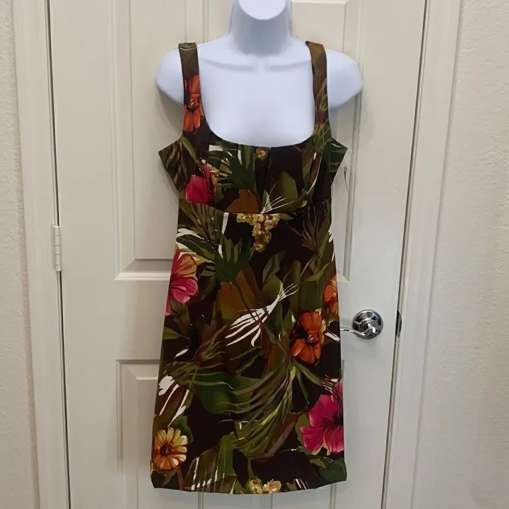 Dress Barn 12 Scoop Neck Sleeveless Tropical Floral Palm Fronds Woman’s Dress